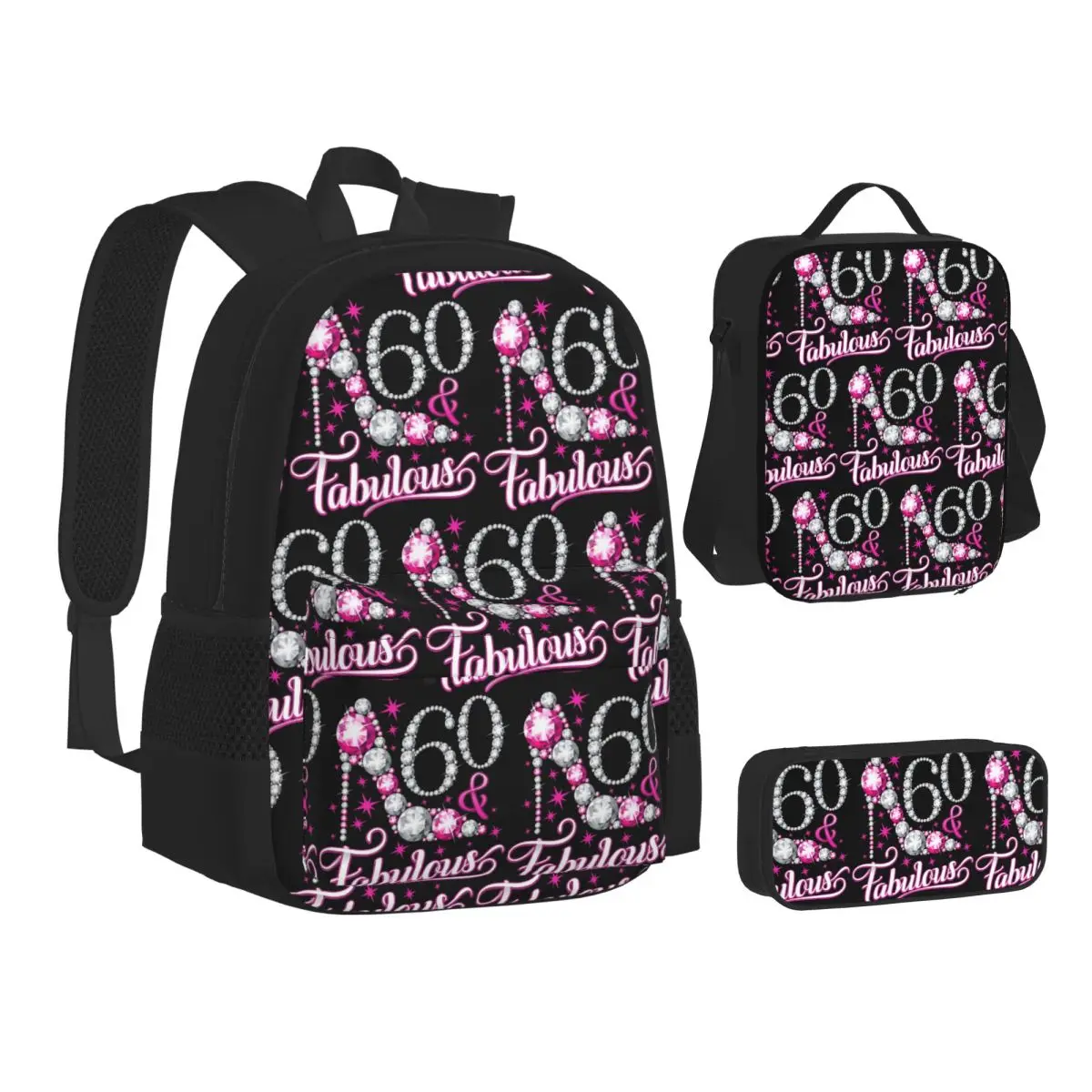 

60th Birthday Design. 60 And Fabulous Lady's Backpacks Bookbag School Bags Kids Rucksack Lunch Bag Pen Bag Three-Piece Set