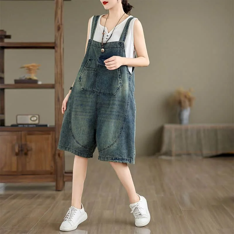 Denim Jumpsuits for Women Vintage Korean Style One Piece Outfit Casual Cropped Rompers Solid Short Jeans Summer Women Clothing