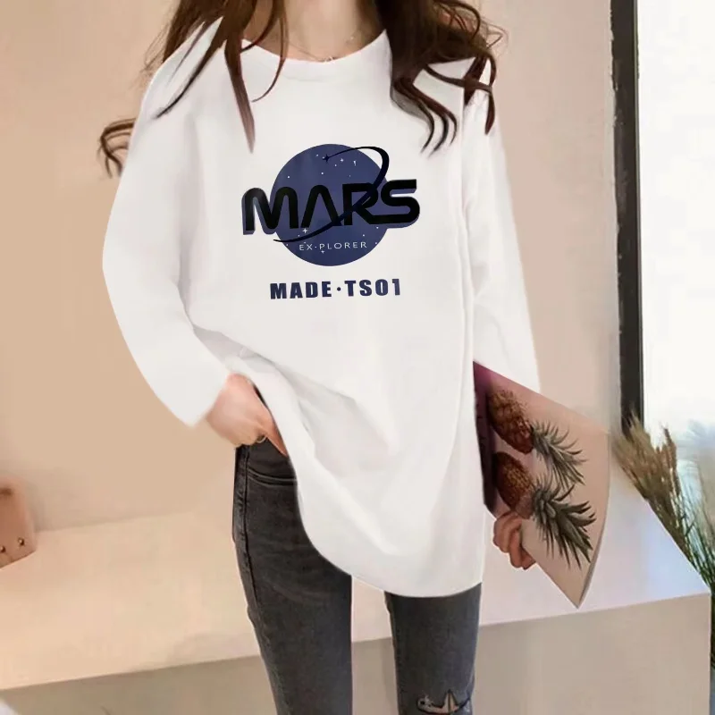 Cotton Long Sleeved T-shirt Women Medium Length White Bottom Shirt Spring Autumn Outerwear Inner Layer Casual All-match Top