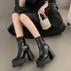 Winter Chunky High Heels Ankle Shoes for Women Punk Style Zipper Thick Platform Elasticity Microfiber Boots Botines Mujer 204