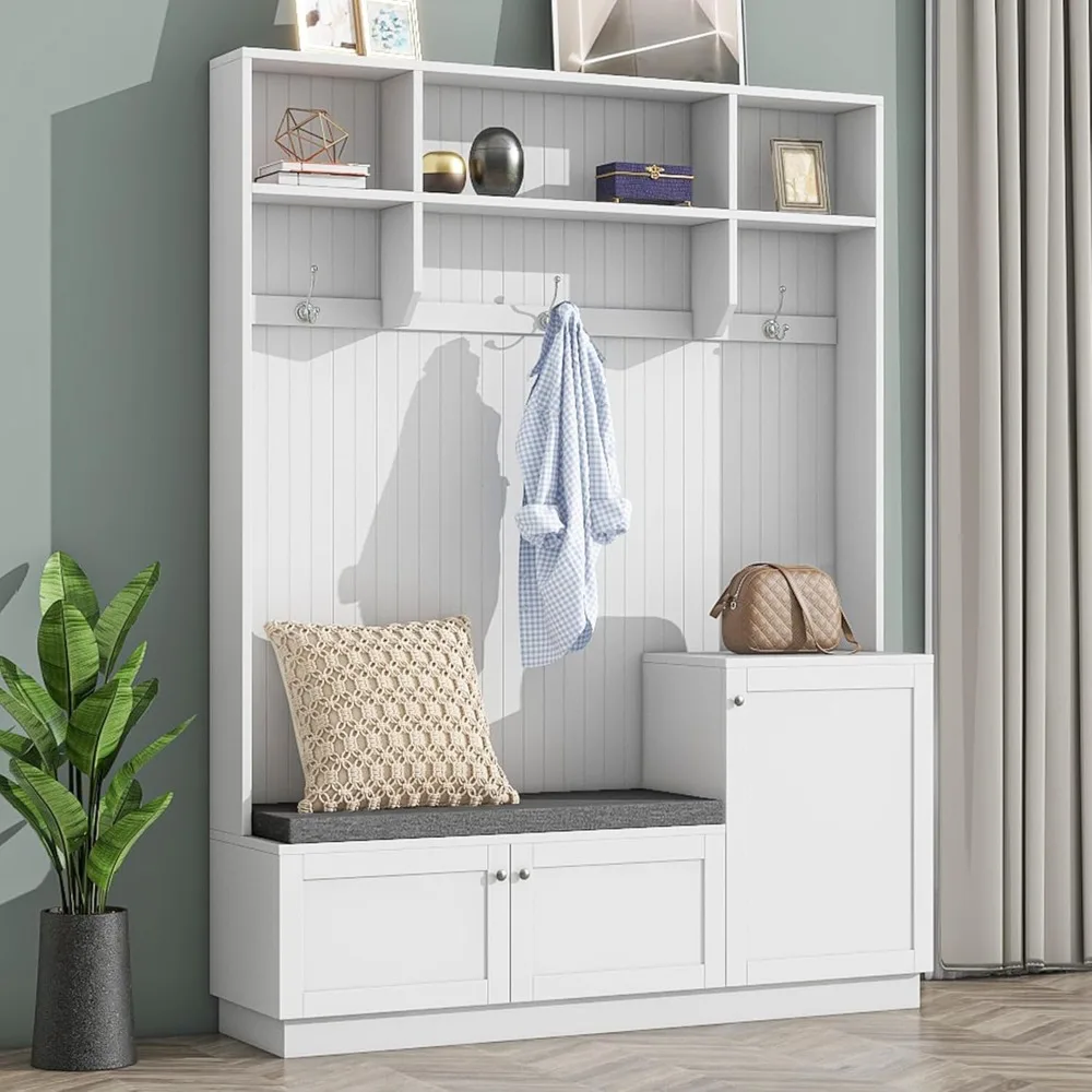 

Entryway Bench with Coat Rack, 59” Wide Hall Tree with Shoe Cabinet, for Hallway, Living Room, Mudroom, White, Clothe Racks