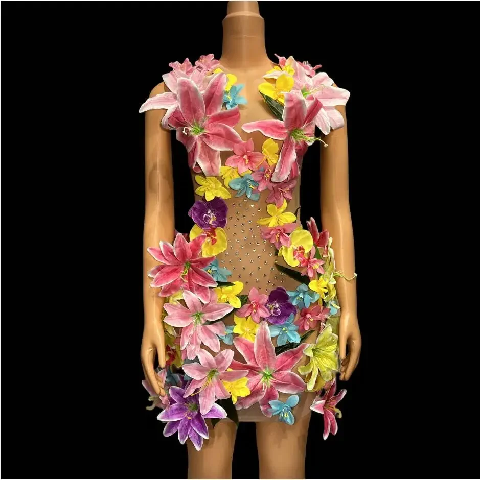 Colorful Flowers Rhinestones Sexy Mesh Dress Wedding Birthday Celebrate Sleeveless Singer Dancer See Through Outfit huaduo