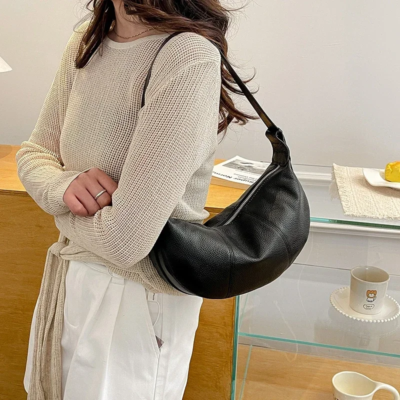 100% Echtes Leder Schultertasche für Damen Große Kapazität Halbmond-Form Designer Kuhledertasche für Pendler Shopper-Tasche – Detail 19