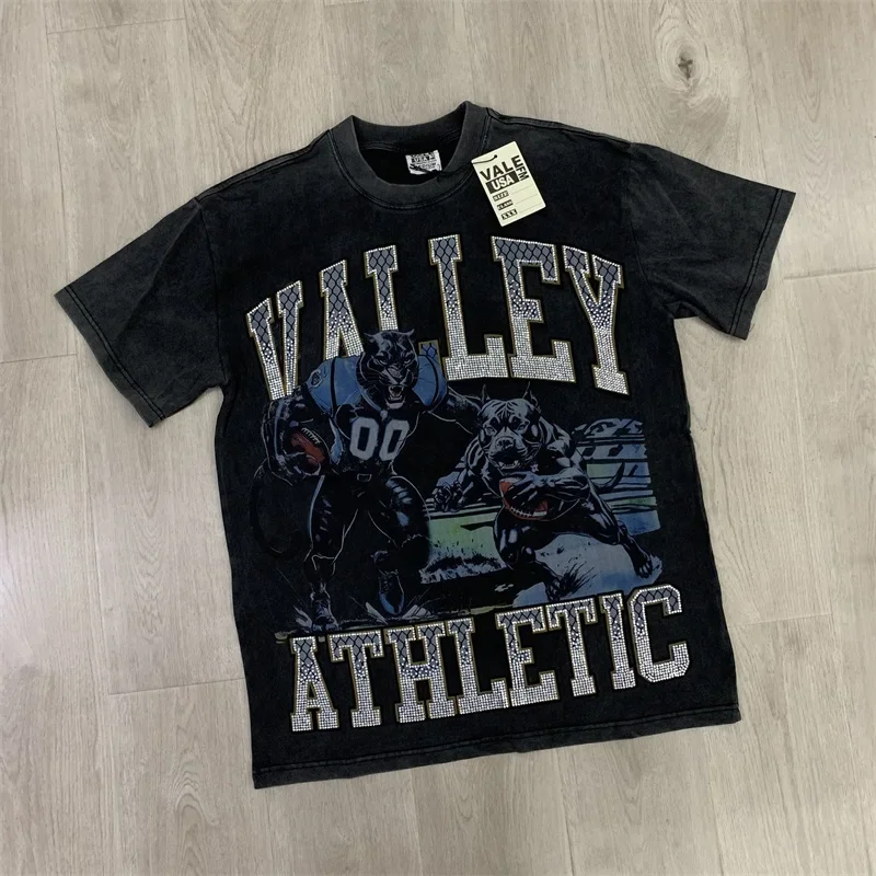 Hot Drill Letter VALLEY Short Sleeves Fun Animal Rugby Print Pure Cotton Black Washed Vale Men's Oversized T Shirt