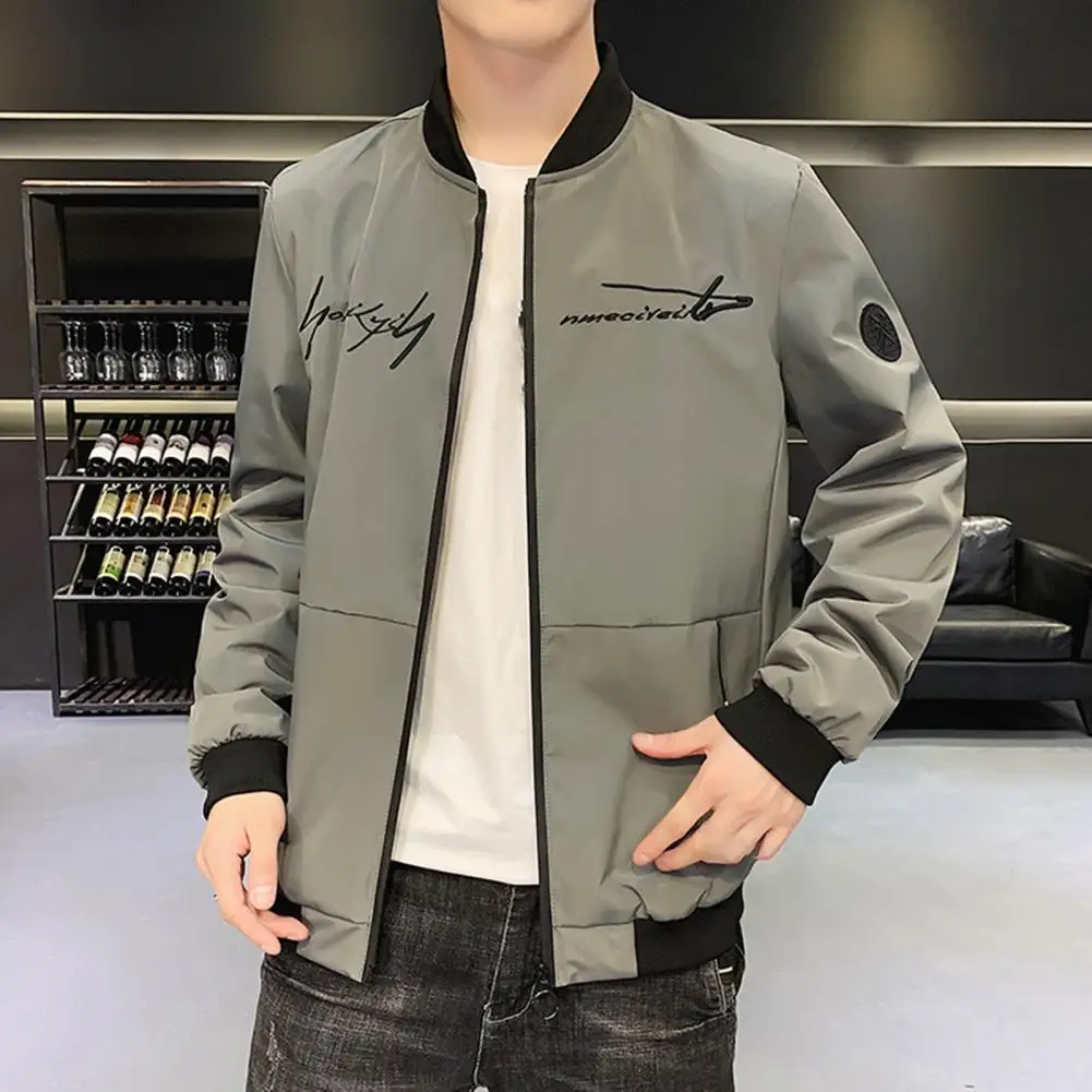 

Men's Bomber Zipper Jacket Solid Color Stand Collar Letter Print Men Coat Elastic Hem Casual Spring Jacket for Daily Wear