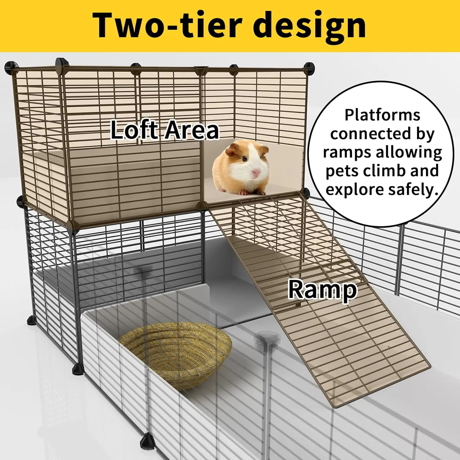 Gaiola para cobaia, gaiola interna para habitat com fundo de plástico à prova d'água, cercadinho para animais de estimação pequenos, coelho, tartaruga, hamste, loft e divisória