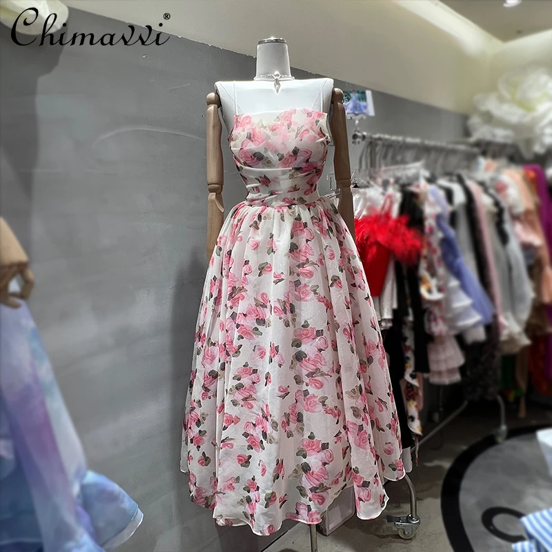 

2023 Summer New Luxury Fashion Organza Princess Puffy Sling Dress Sweet Lady High Waist Temperament Mid-Length Dress Women