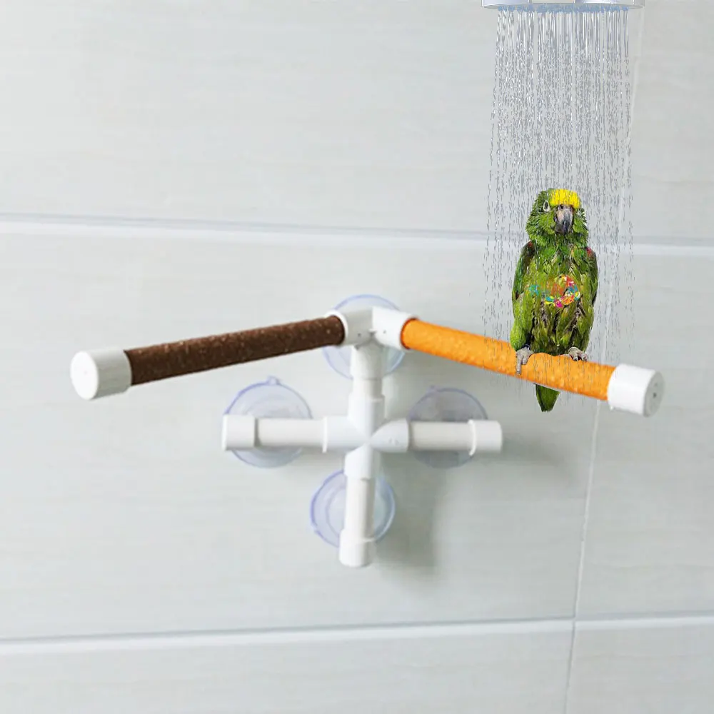 Ventosas con plataforma de pie para mascotas, Soporte de doble palo para rechinar patas, perchas interesantes para ducha de baño, pájaros y loros