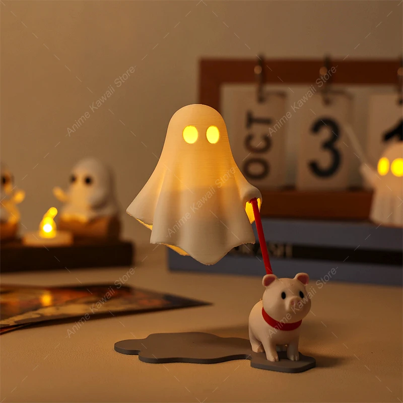 Ghost With Pig Statue Decorations Halloween Gifts, Ghost Quirky Birthday Gifts, 3D Printed Ghost Creative Lamp Bedside Decor