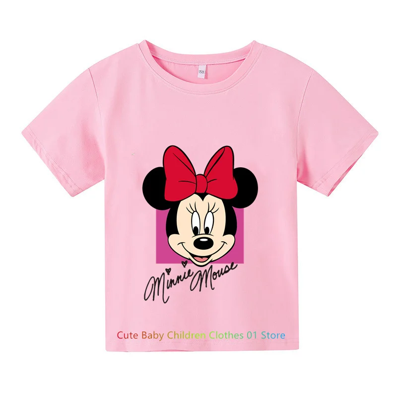 Cotton Children's Short Sleeved Fashionable Casual Girl Top T-shirt with Cute Cartoon Mickey Mouse Pattern Print