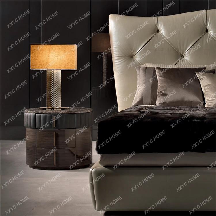 A Bedside table Modern light luxury round walnut wood bedroom marble surface soft bag bedside table