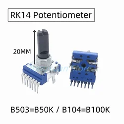 2pcs RK14 Type B50K B100K B503 B104 Stereo Channel Vertical Rotary Potentiometer 7Pins Shaft Length 20MM