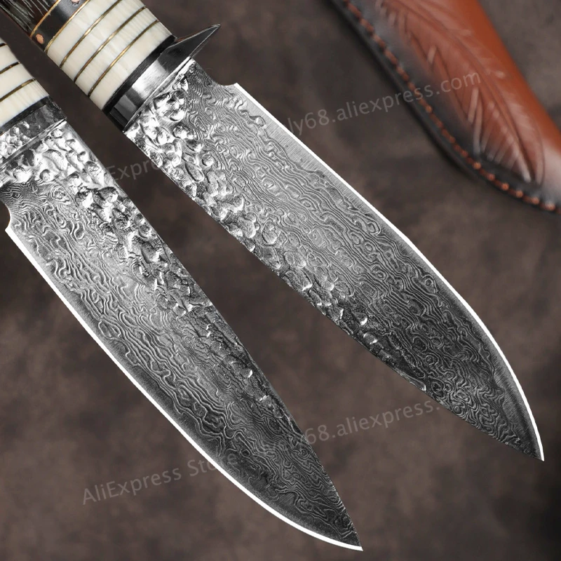 VG10 Damascus Steel Fixed-Blade Knife, Ebony Handle with Leather Sheath, Outdoor Camping and Survival EDC Utility Knife view 3