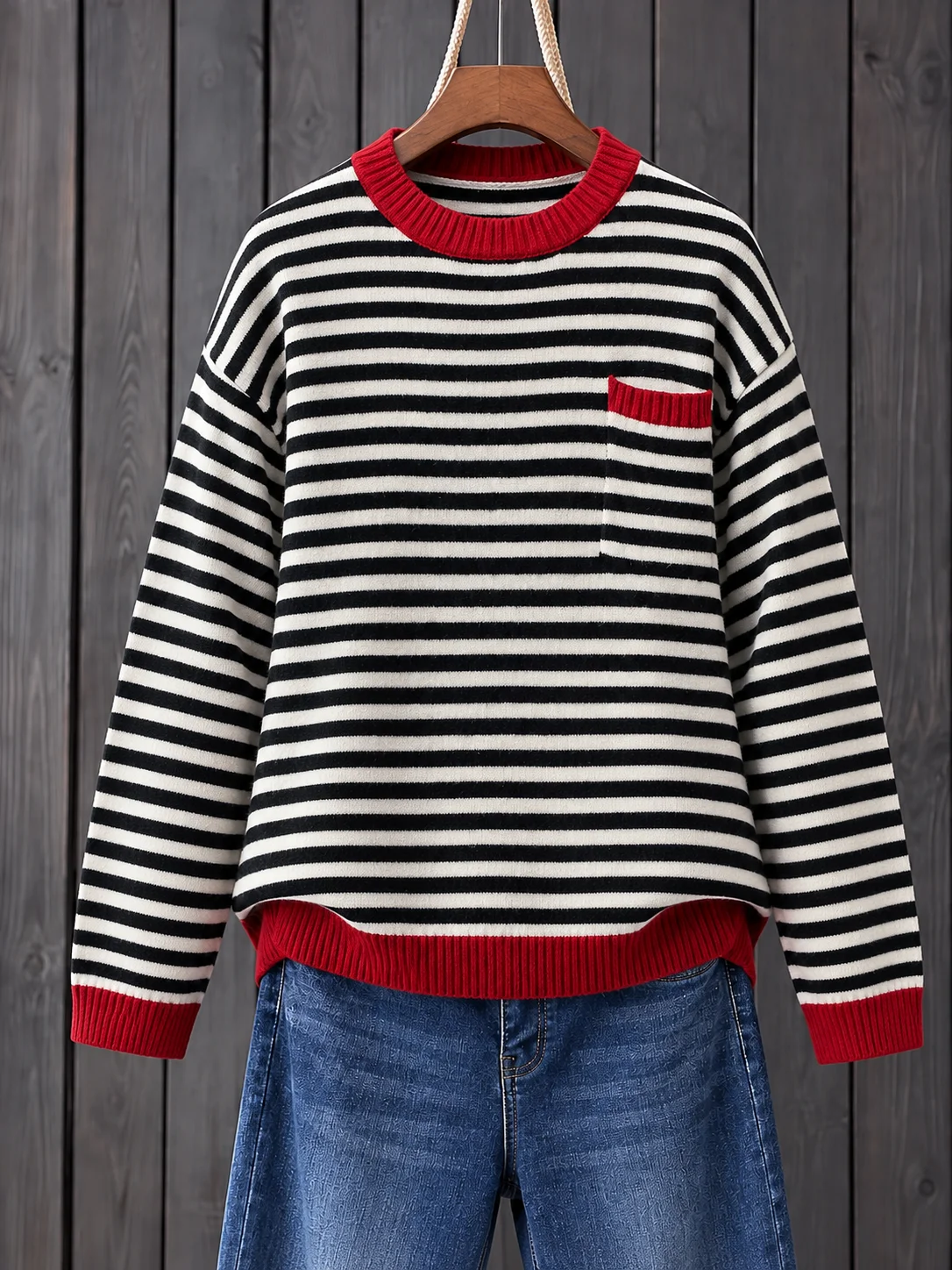 Women Fall Winter Black White Stripe Red Trim Loose Knit Pullover With Pocket