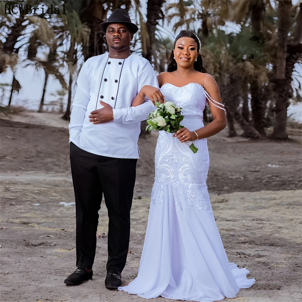 

2025 New Mermaid African Wedding Dresses High Quality Lace Chiffon Sweetheart Corset Back Customized Bridal Wedding Party Gowns