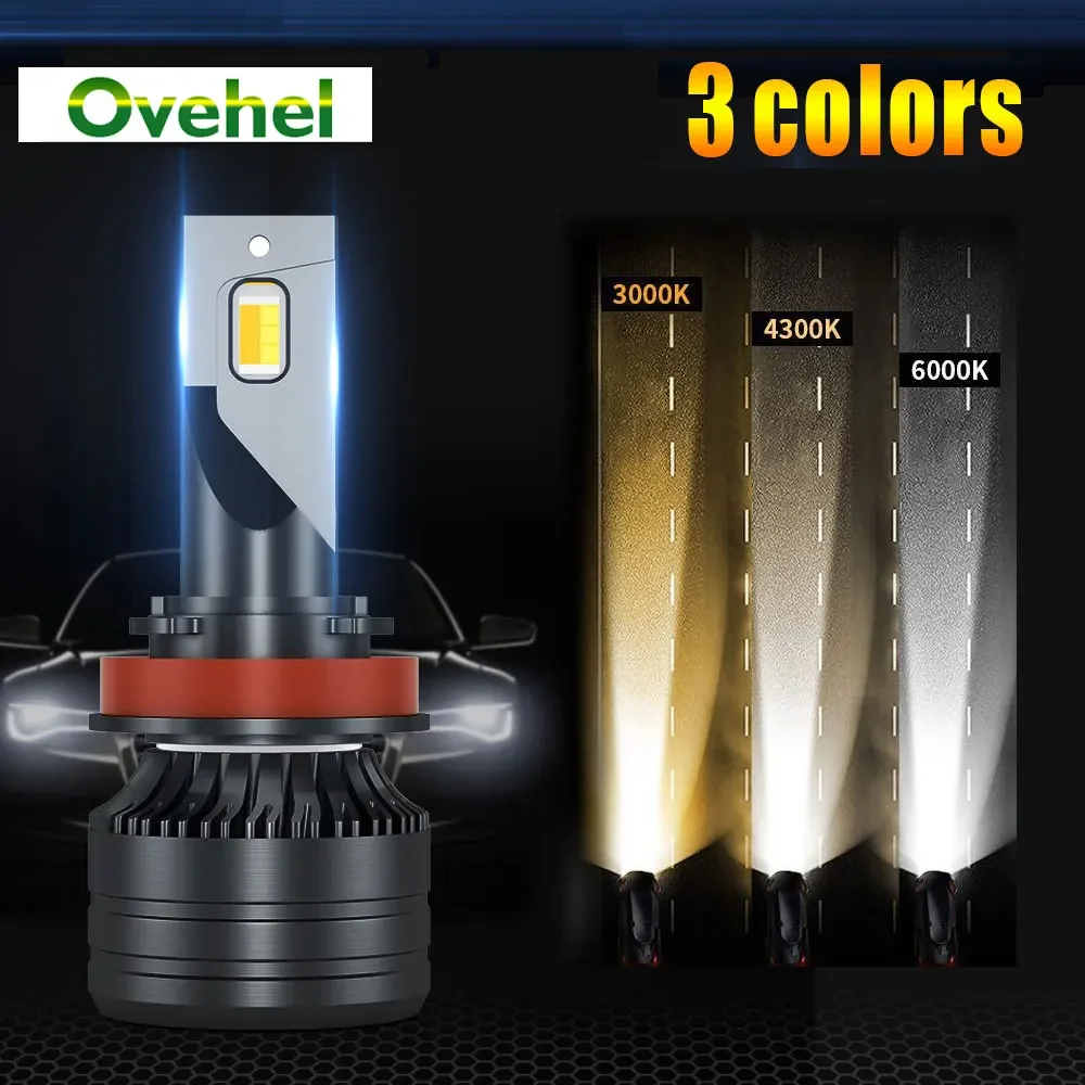 OVEHEL Car Headlight Dual-color H4 LED 22000LM Tri-color H7 H11 H8 9005 HB3 9006 H3 LED Bulb 12V 6000K 3000K 4300K Fog Lamp