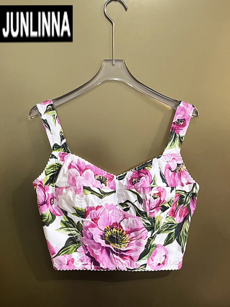 JUNLINNA Women Beach Holiday Camisole 100% Cotton Flower Printing Laptops Summer Lady Spaghetti Strap Tops