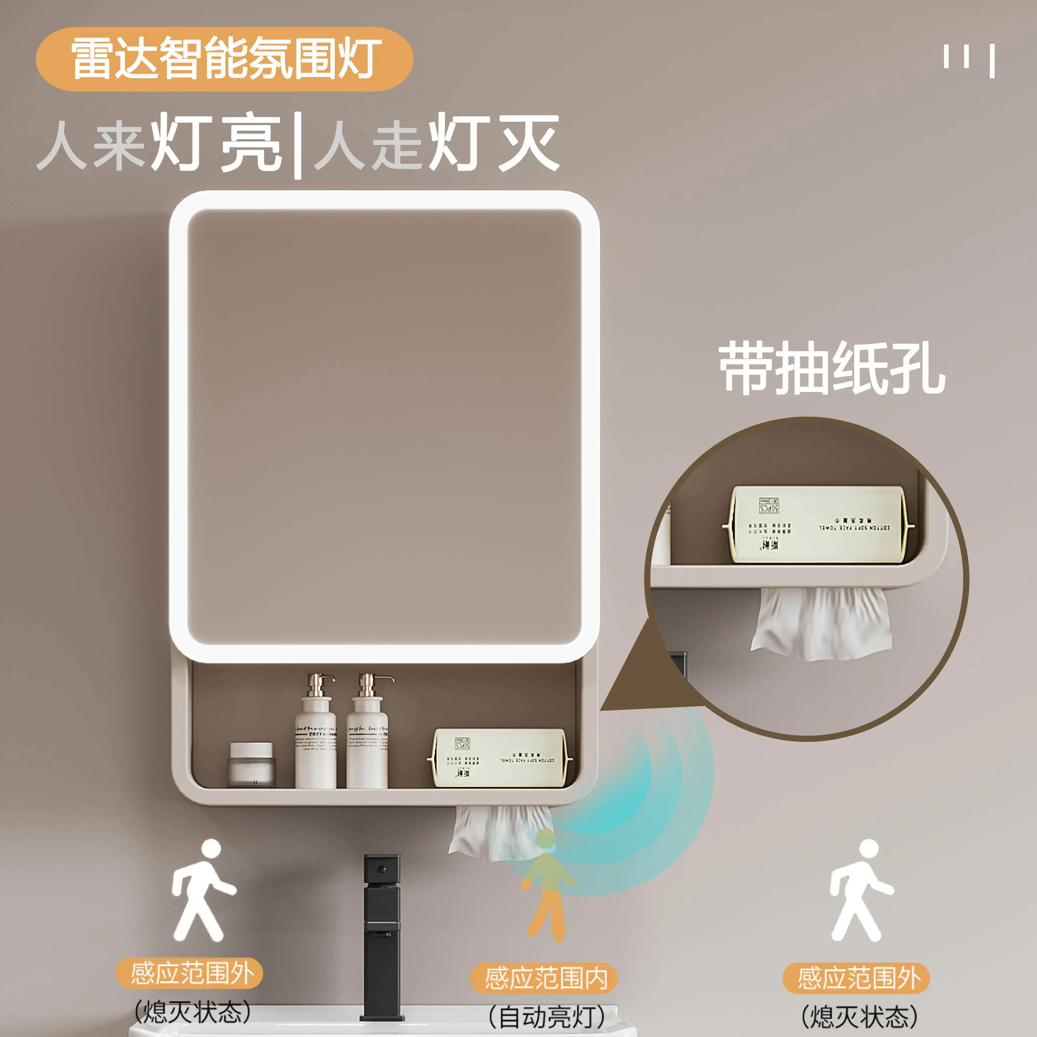 Space Saving Wall Mounted LED Mirror Cabinet Small Aluminum Bathroom Cabinet with Motion Sensor Tissue Drawer Adjustable Storage