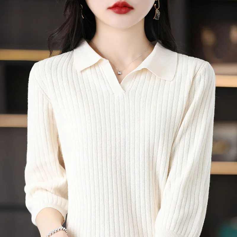 

100% cotton three-quarter sleeve POLO neck simple outerwear women's bottom sweater spring and autumn new loose and thin solid co