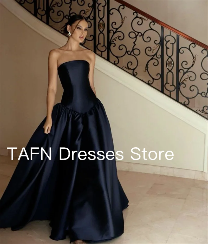 

TAFN Simple Navy Blue Formal Evening Dresses Women Strapless Thick Satin Formal Party Dress Prom Gowns Customized 2025