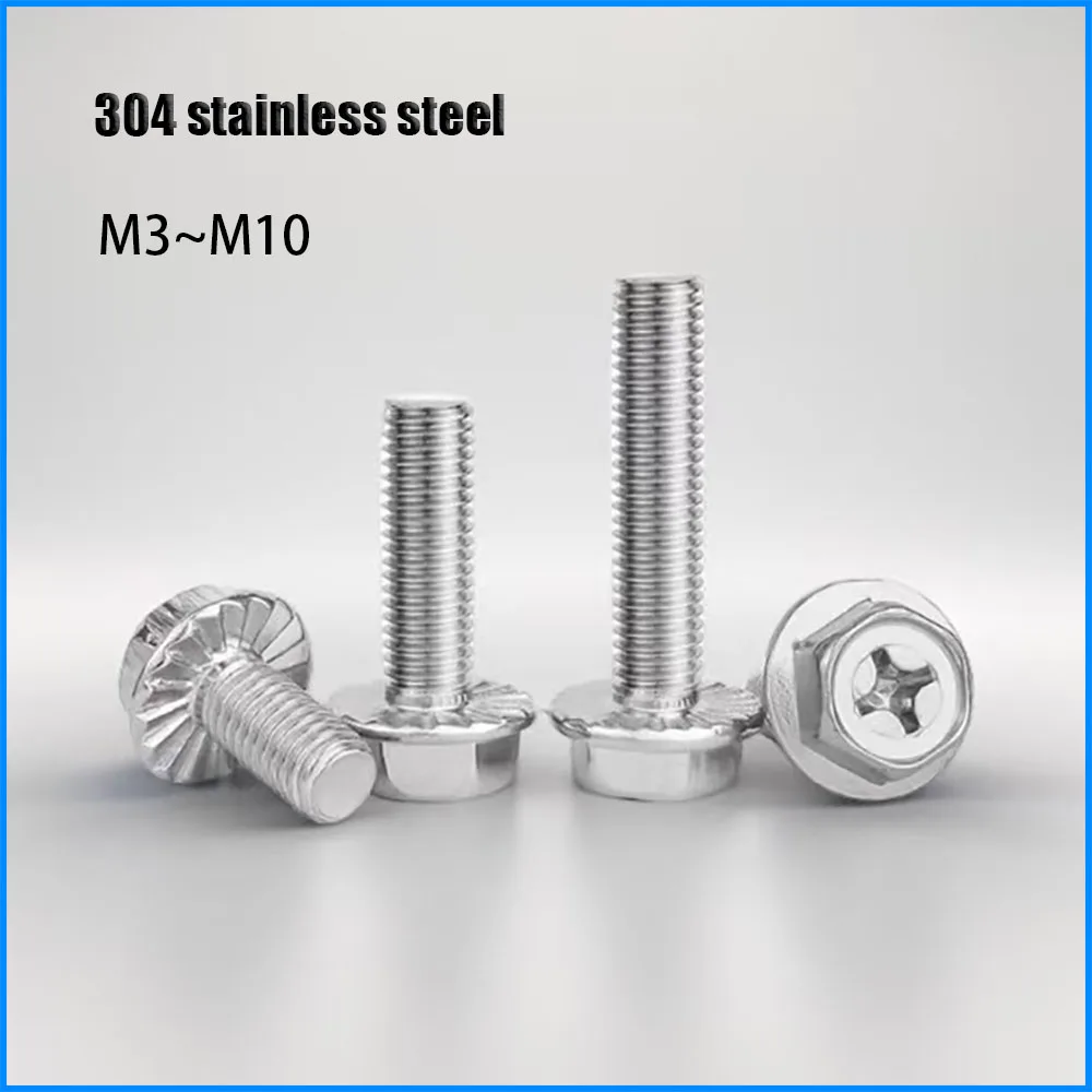 304 Stainless Steel Hexagonal Concave Flange Bolt With Flower Tooth Pad Anti Slip Screw M4M5M6M8M10