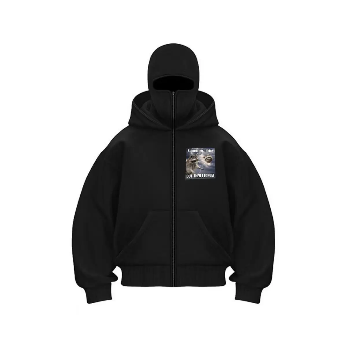 Raccoon Meme “Sometimes I Think But Then I Forget” Humor Men's Double Hood Balaclava Zip Hoodie Winter Warm