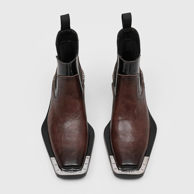 Thick Soled Square Toe Men New Chelsea Boots with Metal Toe Elastic Band Simple Personalized Fashionable Casual Retro Style