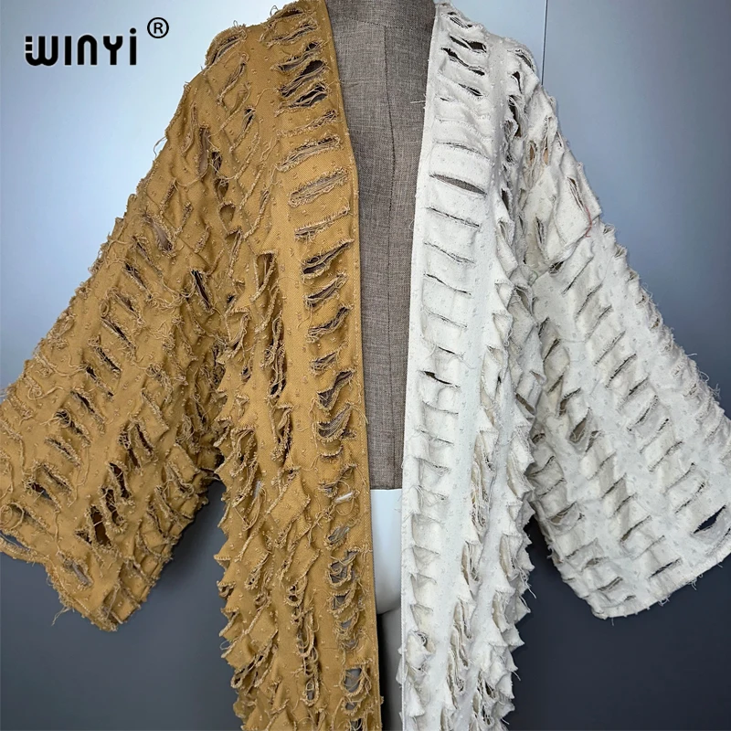 Winyi moda africana cardigan para as mulheres novo 2024 solto casaco oco denim longo para baixo casaco maiô cobrir verão quimono