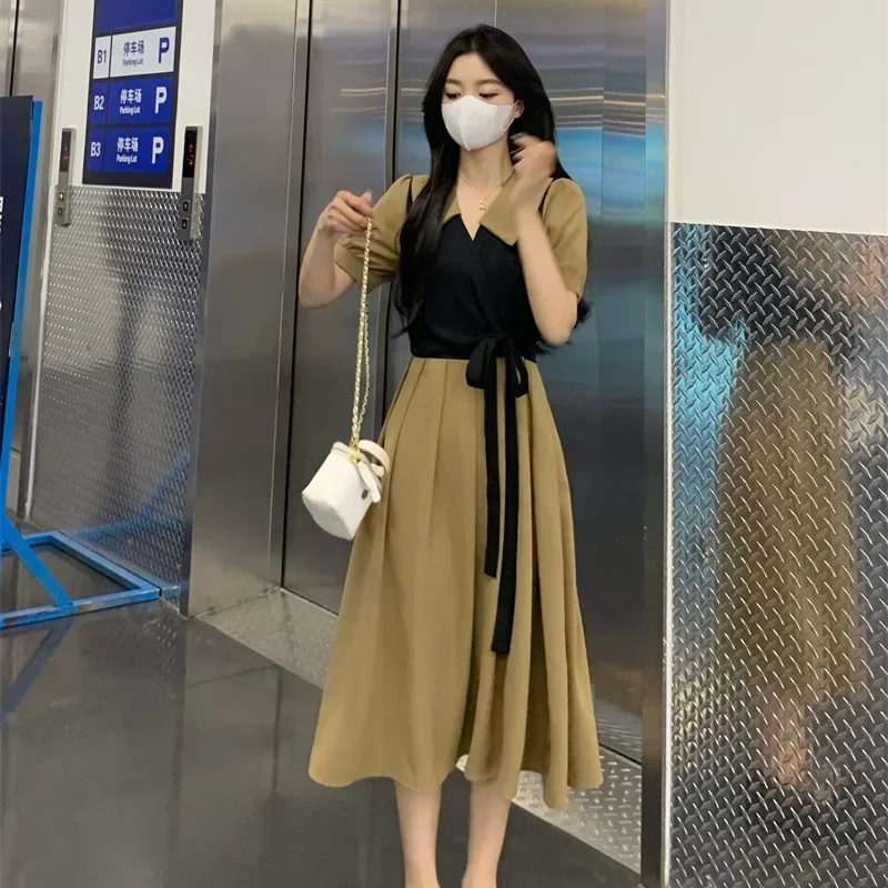 여름 여성 데일리 슬림핏 루슈 드레스 여성 다용도 새틴 의상 미디 드레스 여성스러운 정장 행사 타이업 드레스