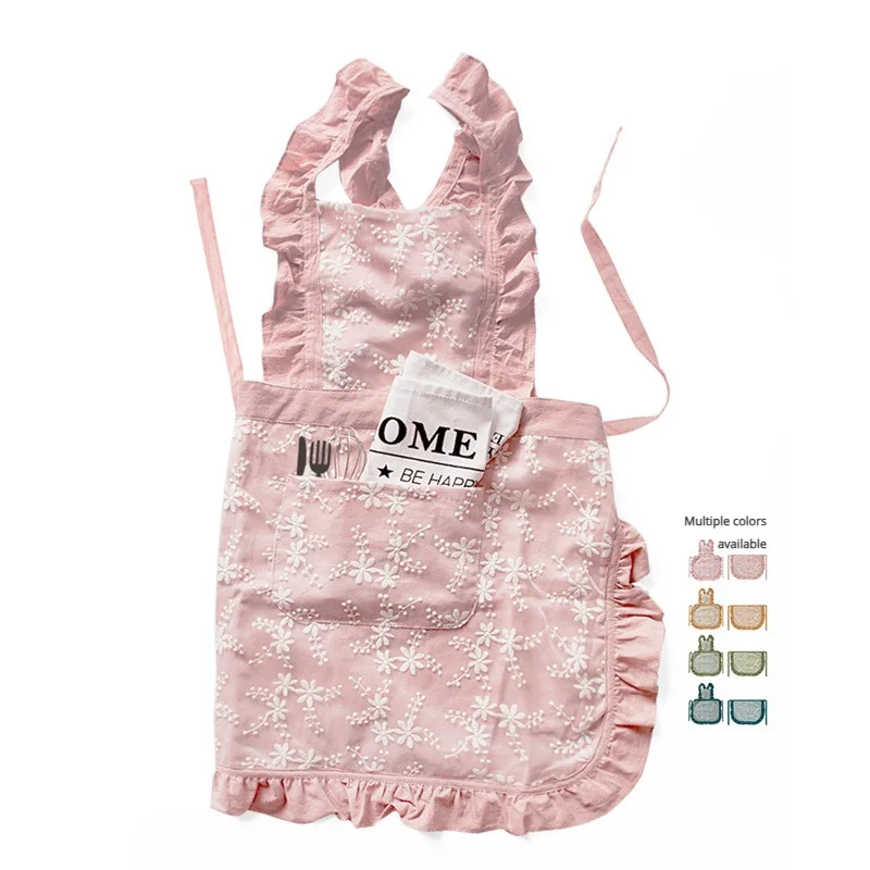 

Customizable Logo Simple Cotton Linen And Lace X-strap Apron Kitchen Home Baking Painting Milk Tea Shop Work Clothes Half-body