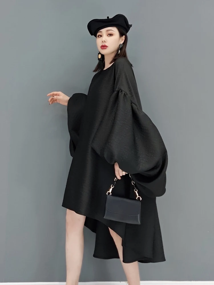 SHENGPALAE Fashion Solid Color Dress Women\'s Autumn 2024 New Round Neck Loose Batwing Sleeve Knee-length Dresses Female 5E8839