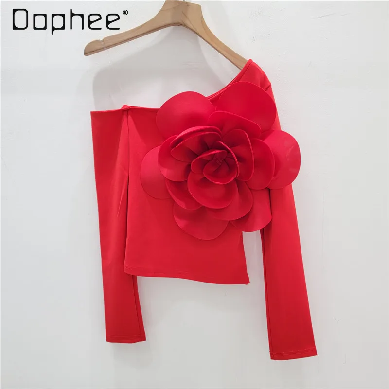 

Sexy Hot Girl Three-Dimensional Large Flower Tee Top Women's Diagonal Collar Single-Shoulder Suspender Long Sleeve Tshirt Tops