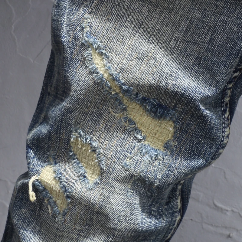 Newly Designer Fashion Men Jeans Retro Blue Elastic Stretch Slim Ripped Jeans Men Patchwork Vintage Casual Denim Pants Hombre