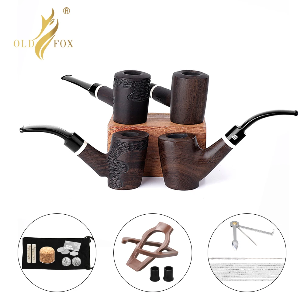 Old Fox Black Sandalwood Tobacco Bent Apple Pipe Set Accessories 9MM Filter Solid Wood Dry Ebony Smoking Pipe With 10 Tools Kits