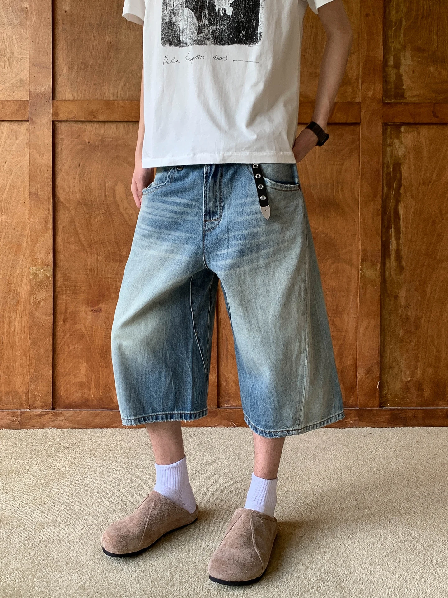 Oalin Shorts Jeans Unissex de Perna Larga Estilo Vintage Street, Cintura Média, com Zíper, em Algodão Denim, para Verão, Casual