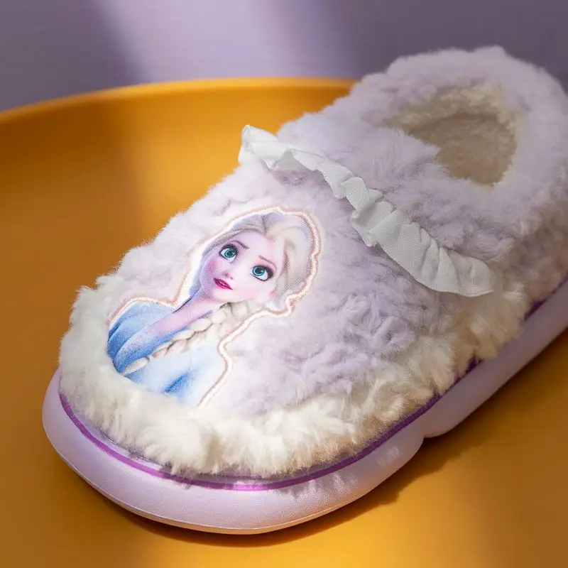 Disney Children\'s Cotton Slippers for Girls Indoor Home Lightweight Thick Bottom Heel Warm Anti slip Cute Princess Elsa Shoes