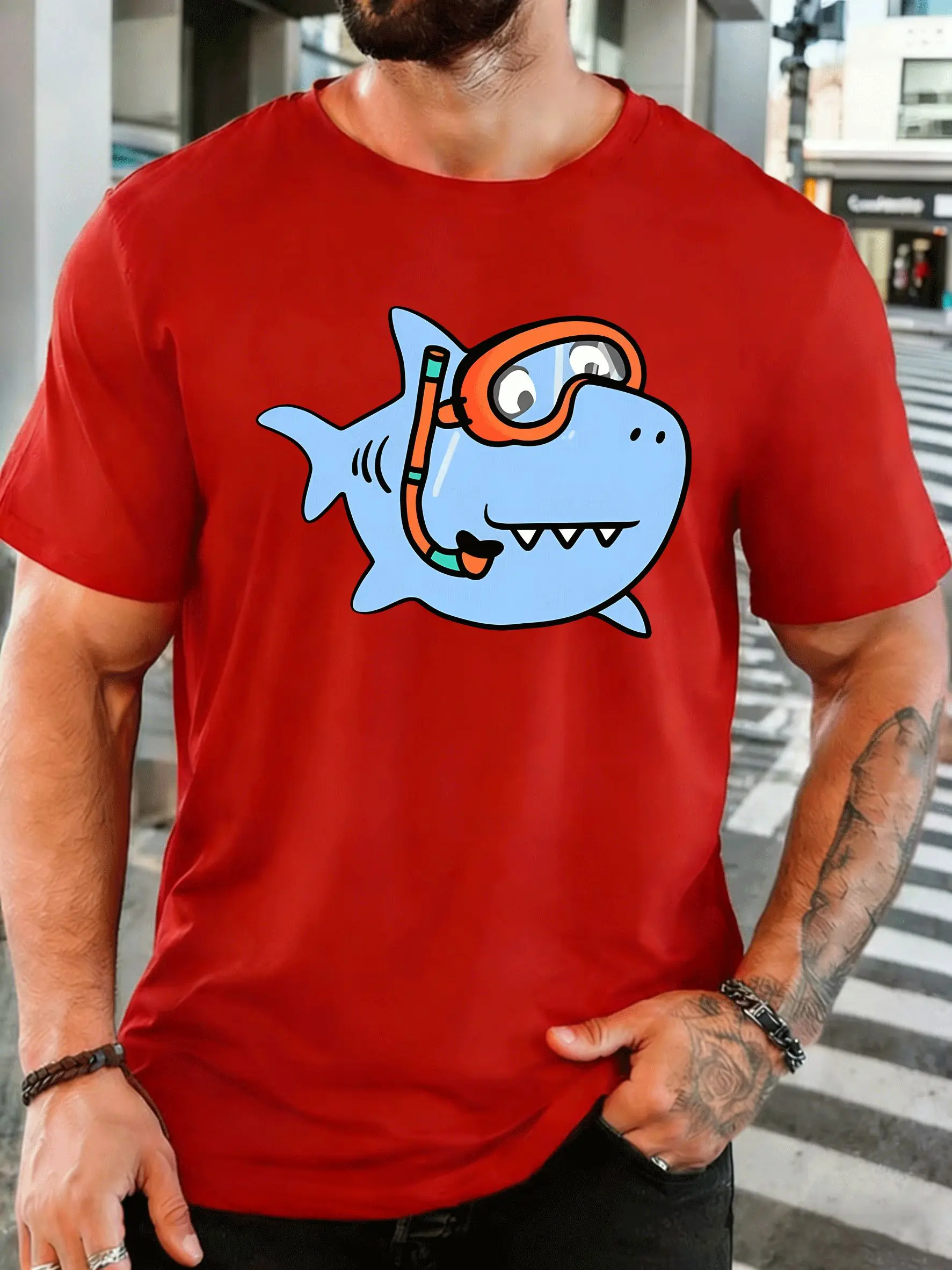 Cartoon Blue Shark With Snorkel Mask Mens Front Print T Shirt Funny Sea Animal Graphic Tee Casual Short Sleeve Top Diving Gift
