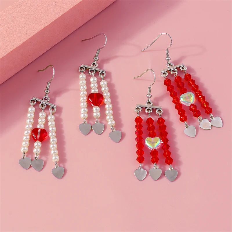Aihua Koreanische Rote Quasten-Kristallherz-Ohrringe für Frauen Romantische Geschenke für Freundinnen Braut Hochzeit Party Schmuck – Detail 2