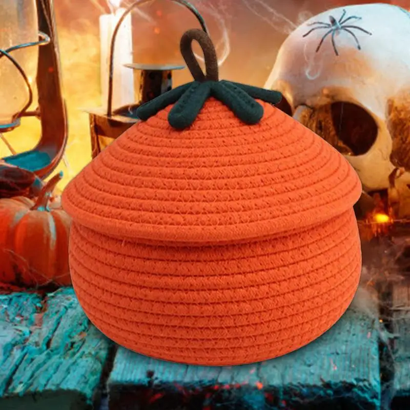 Cesta tejida de calabaza de Halloween, cesta decorativa de cuerda de algodón, caja de almacenamiento cubierta para toallas y juguetes