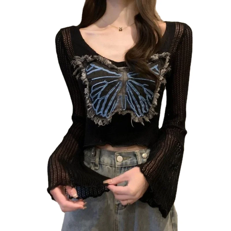 

Butterfly Design Wooden Ear Knit Top Women High Waisted Short Round Neckline Sueter Mujer Sweater Women Кофта Женская Sweater