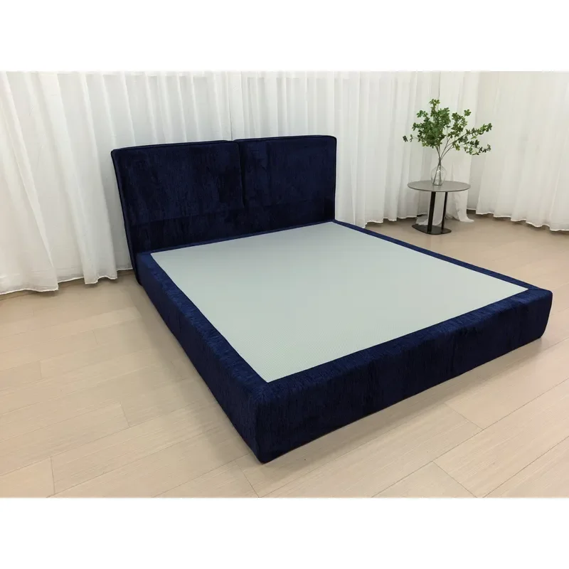 Space Saving Bedroom Furniture Vacuum Compressed Navy Blue Bed Frame Easy Portable Queen King Size Bed Base