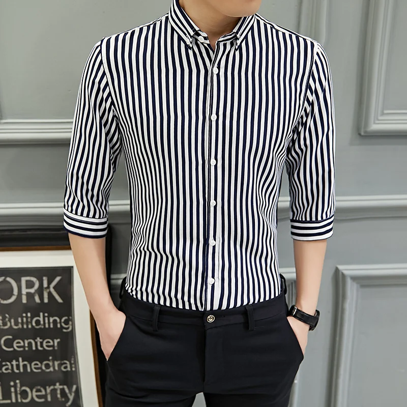 

Summer Slim Fit Men's irt Haome Casual Striped ort Sve Seven Sve Middle Sve Trendy Faion Urban Sle Polyes...
