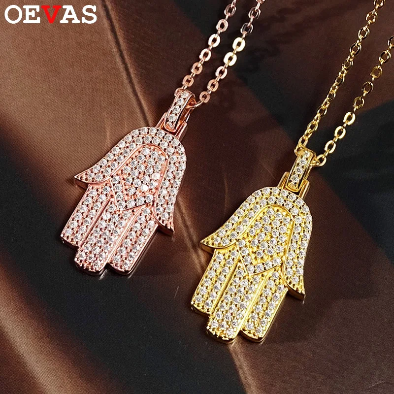 

Колье-подвеска OEVAS с изображением руки Хамса, полностью инкрустированной муассанитом, проходит тест на подлинность бриллианта, для женщин, серебро S925 с позолотой 18K, изысканные ювелирные изделия.