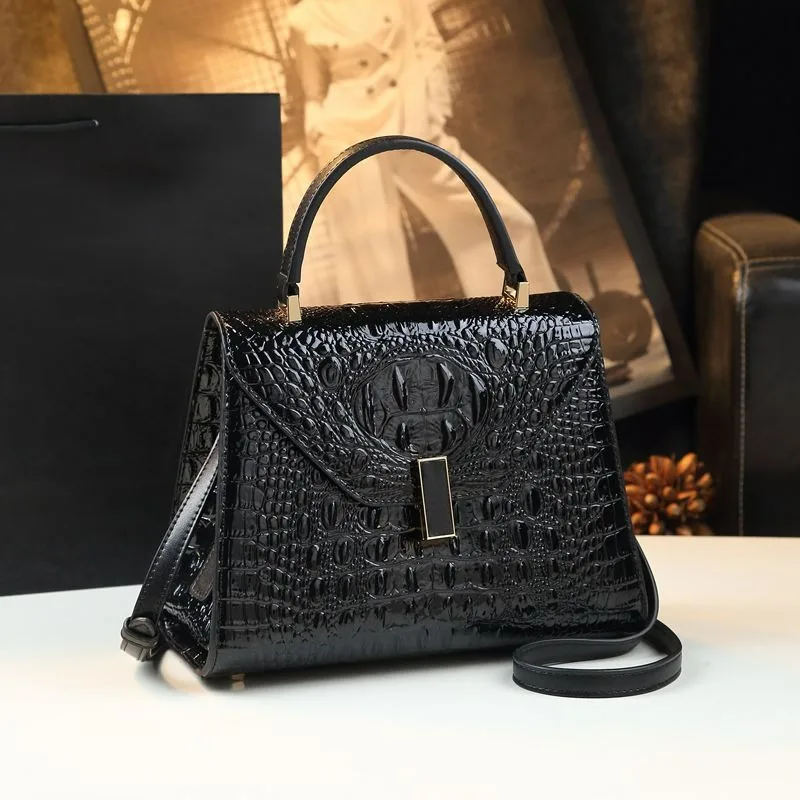 

Luxury Crocodile Pattern Top Handle Satchel, Vintage Alligator Embossed Crossbody Shoulder Bag, Elegant Flap Clasp