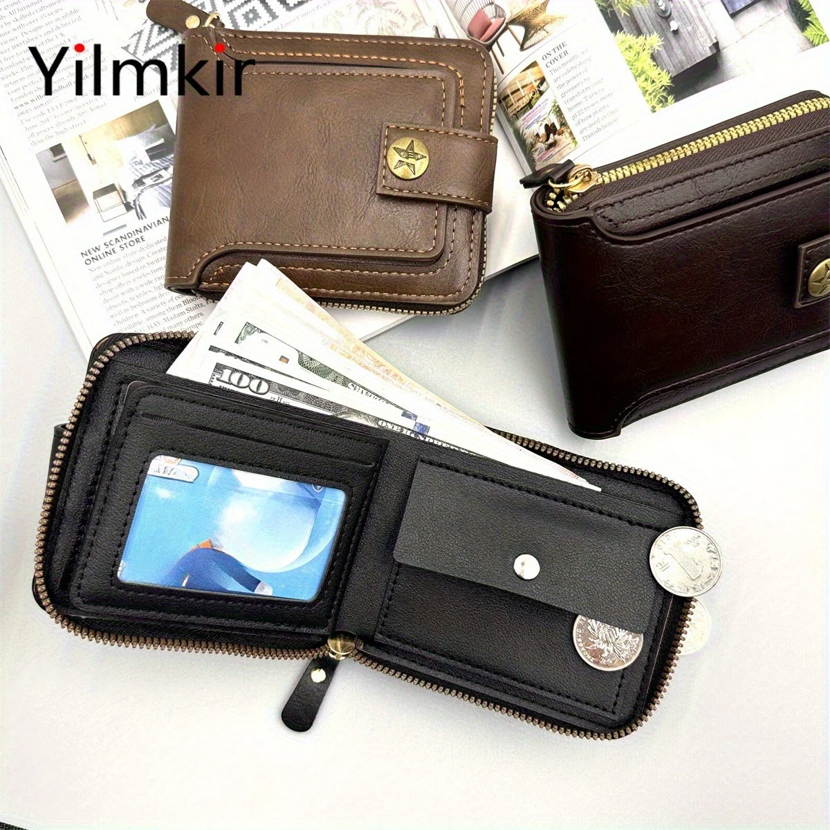 Men's Short Retro Wallet Multi Slot Purse Style Zipper Multi Compartment Wallet Buckle Multifunctional Women Money Bag image 4