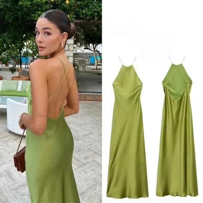 BWQ 2025 Summer New Women's Dress Tanksilk-satin Feeling Sleeveless Dress 9588 Western Style Fashion