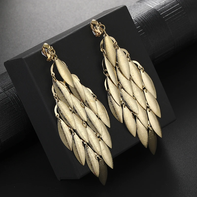 Vintage punk Earrings Metal Gold Color clip on  Earrings leaf Earrings Geometric Fashion Jewelry Trendy