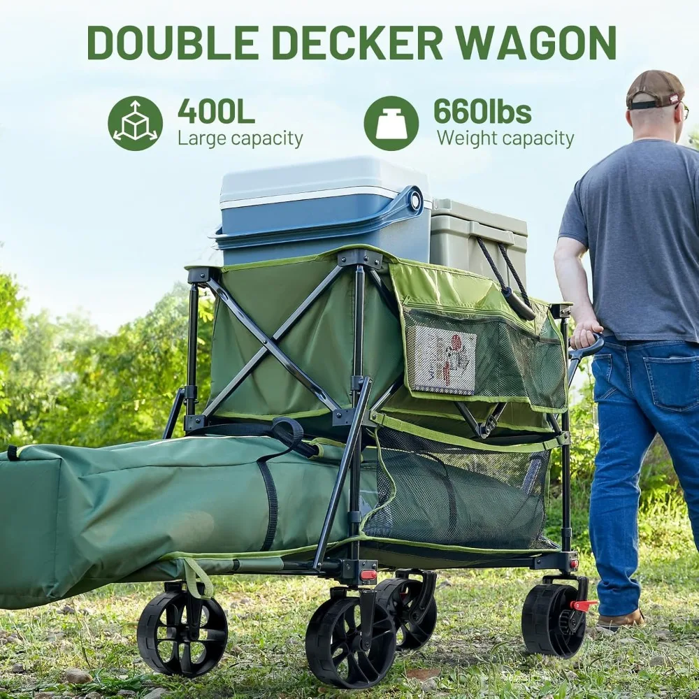 Large Capacity Folding Double Decker Wagon with Brakes, 54 Extra Long Extender Cart, 660lbs Heavy Duty for Outdoor Adventures