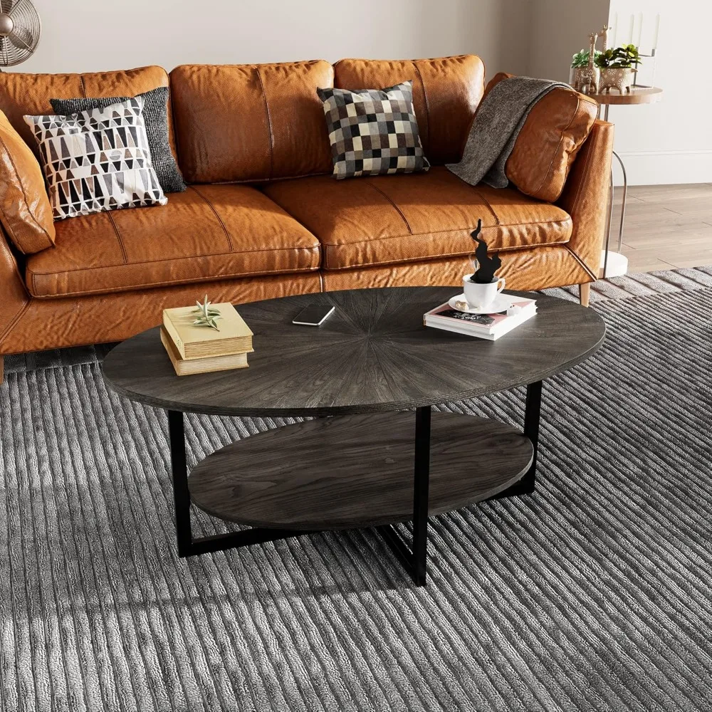 Modern Industrial Style Oval Coffee Table with Metal Cross Legs and Open Shelf, 43.3 inches