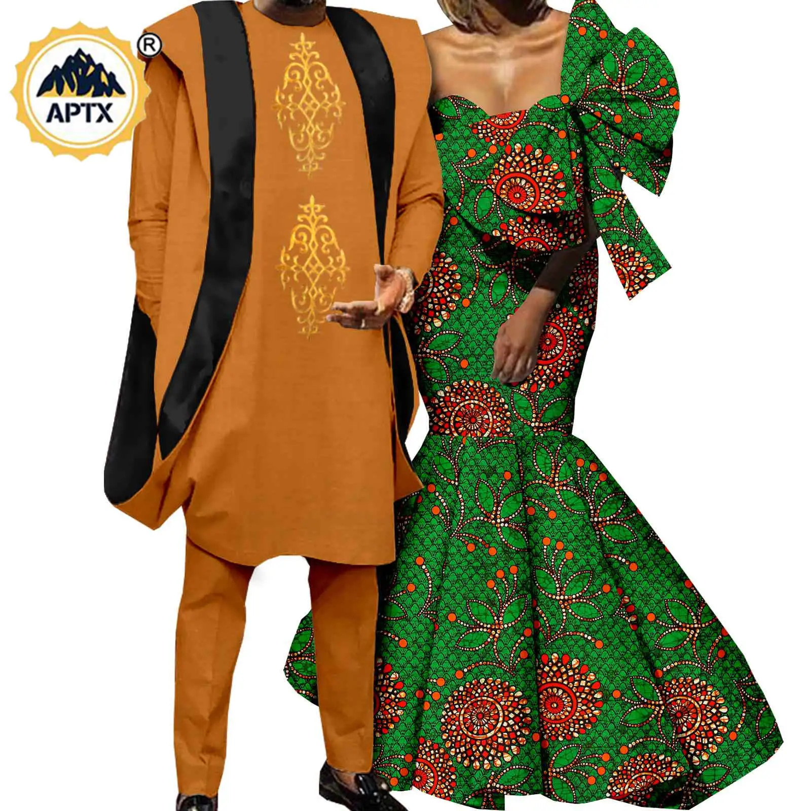 Dashiki African Women Bowtie Mermaid Dresses Matching Men Outfits Bazin Riche Robes Shirt and Pants Sets Couple Clothes Y22C037